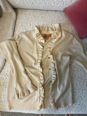 Tory Burch Cream Ruffle-Front Cardigan with Gold Buttons